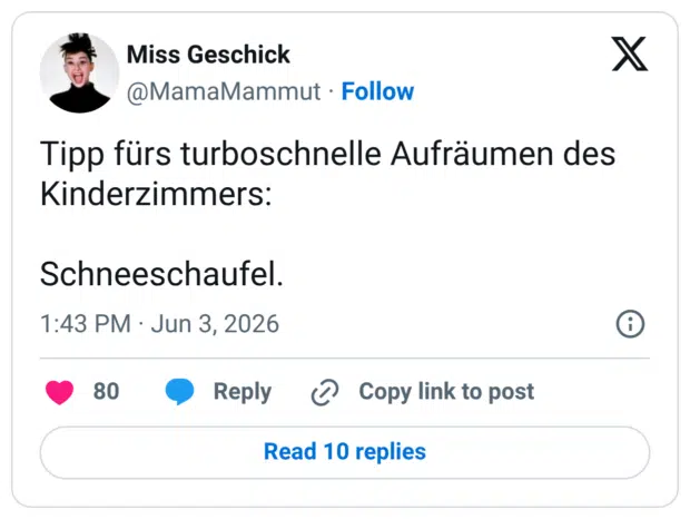 Tipp fürs turboschnelle Aufräumen des Kinderzimmers: Schneeschaufel.