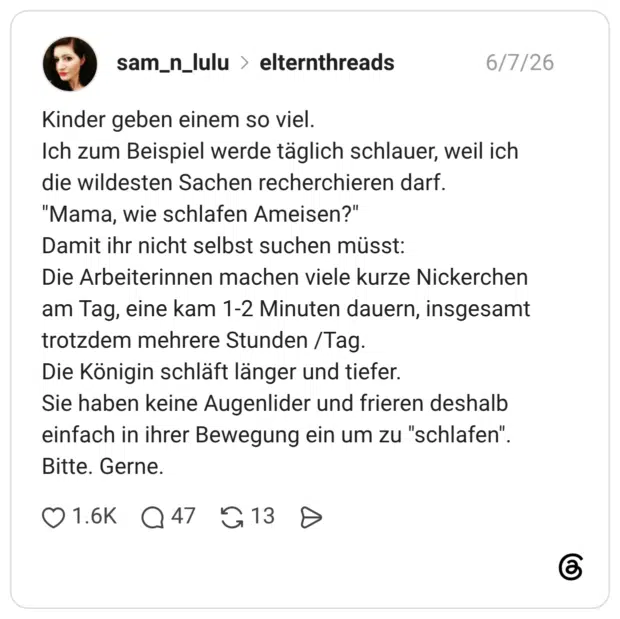 Kinder geben einem so viel. Ich zum Beispiel werde täglich schlauer, weil ich die wildesten Sachen recherchieren darf. "Mama, wie schlafen Ameisen?" Damit ihr nicht selbst suchen müsst: Die Arbeiterinnen machen viele kurze Nickerchen am Tag, eine kam 1-2 Minuten dauern, insgesamt trotzdem mehrere Stunden /Tag. Die Königin schläft länger und tiefer. Sie haben keine Augenlider und frieren deshalb einfach in ihrer Bewegung ein um zu "schlafen". Bitte. Gerne.