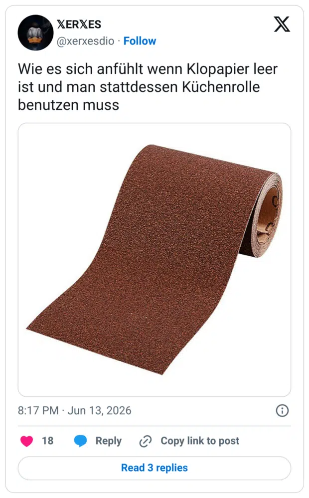 Wie es sich anfühlt wenn Klopapier leer ist und man stattdessen Küchenrolle benutzen muss
