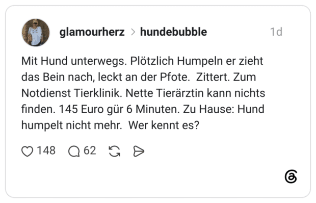 Mit Hund unterwegs. Plötzlich Humpeln er zieht das Bein nach, leckt an der Pfote. Zittert. Zum Notdienst Tierklinik. Nette Tierärztin kann nichts finden. 145 Euro gür 6 Minuten. Zu Hause: Hund humpelt nicht mehr. Wer kennt es?