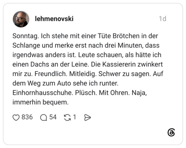 Sonntag. Ich stehe mit einer Tüte Brötchen in der Schlange und merke erst nach drei Minuten, dass irgendwas anders ist. Leute schauen, als hätte ich einen Dachs an der Leine. Die Kassiererin zwinkert mir zu. Freundlich. Mitleidig. Schwer zu sagen. Auf dem Weg zum Auto sehe ich runter. Einhornhausschuhe. Plüsch. Mit Ohren. Naja, immerhin bequem.