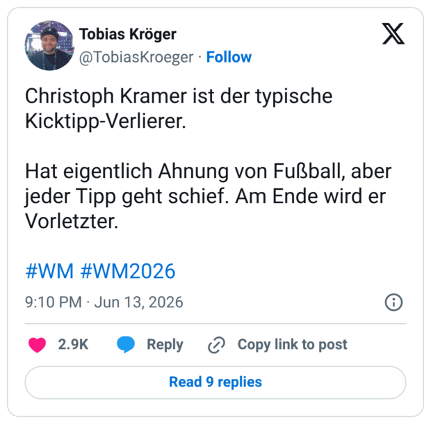 Christoph Kramer ist der typische Kicktipp-Verlierer. Hat eigentlich Ahnung von Fußball, aber jeder Tipp geht schief. Am Ende wird er Vorletzter.
