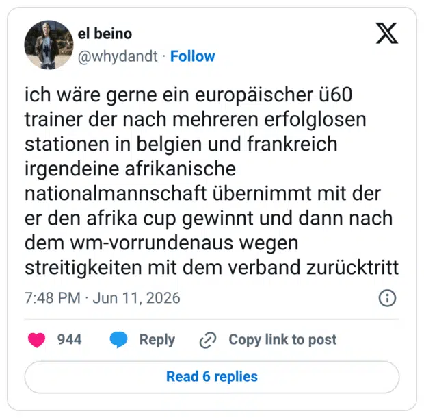 ich wäre gerne ein europäischer ü60 trainer der nach mehreren erfolglosen stationen in belgien und frankreich irgendeine afrikanische nationalmannschaft übernimmt mit der er den afrika cup gewinnt und dann nach dem wm-vorrundenaus wegen streitigkeiten mit dem verband zurücktritt