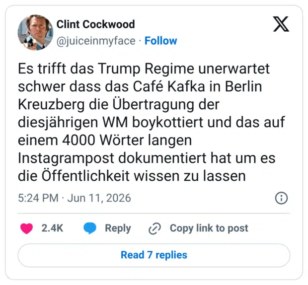 Es trifft das Trump Regime unerwartet schwer dass das Café Kafka in Berlin Kreuzberg die Übertragung der diesjährigen WM boykottiert und das auf einem 4000 Wörter langen Instagrampost dokumentiert hat um es die Öffentlichkeit wissen zu lassen