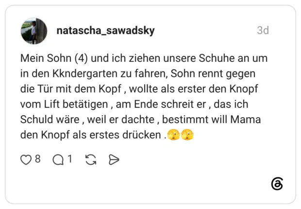 Mein Sohn (4) und ich ziehen unsere Schuhe an um in den Kkndergarten zu fahren, Sohn rennt gegen die Tür mit dem Kopf, wollte als erster den Knopf vom Lift betätigen, am Ende schreit er, das ich Schuld wäre, weil er dachte, bestimmt will Mama den Knopf als erstes drücken.