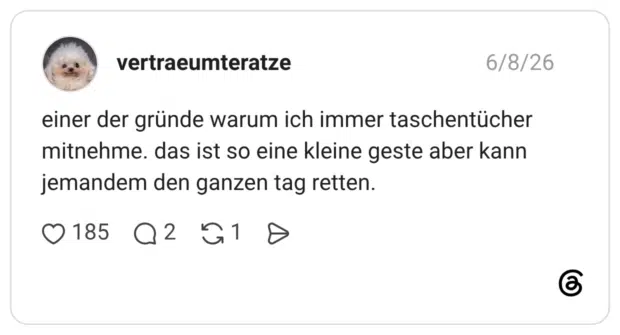 einer der gründe warum ich immer taschentücher mitnehme. das ist so eine kleine geste aber kann jemandem den ganzen tag retten.