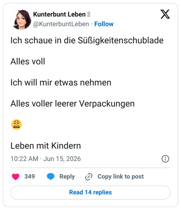 Ich schaue in die Süßigkeitenschublade Alles voll Ich will mir etwas nehmen Alles voller leerer Verpackungen 😩 Leben mit Kindern