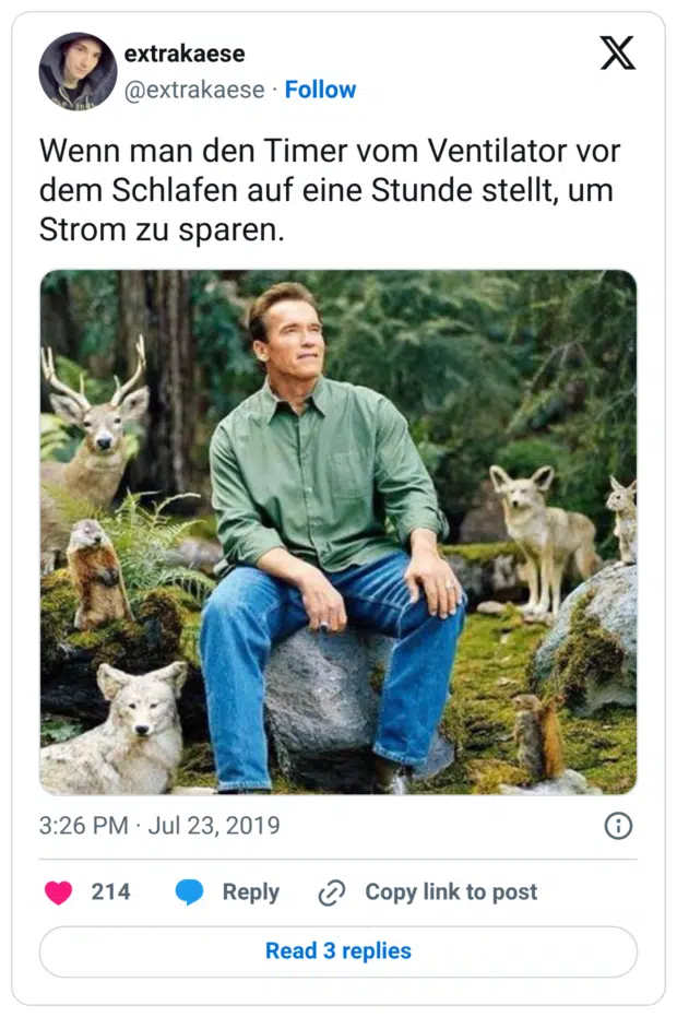 Wenn man den Timer vom Ventilator vor dem Schlafen auf eine Stunde stellt, um Strom zu sparen.