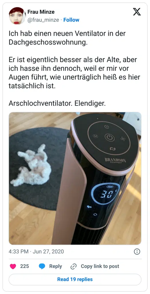 Ich hab einen neuen Ventilator in der Dachgeschosswohnung. Er ist eigentlich besser als der Alte, aber ich hasse ihn dennoch, weil er mir vor Augen führt, wie unerträglich heiß es hier tatsächlich ist. Arschlochventilator. Elendiger.