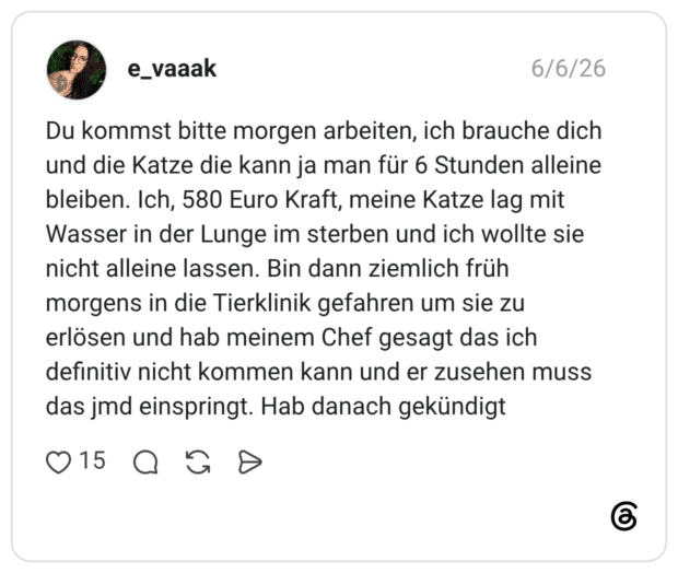 Du kommst bitte morgen arbeiten, ich brauche dich und die Katze die kann ja man für 6 Stunden alleine bleiben. Ich, 580 Euro Kraft, meine Katze lag mit Wasser in der Lunge im sterben und ich wollte sie nicht alleine lassen. Bin dann ziemlich früh morgens in die Tierklinik gefahren um sie zu erlösen und hab meinem Chef gesagt das ich definitiv nicht kommen kann und er zusehen muss das jmd einspringt. Hab danach gekündigt