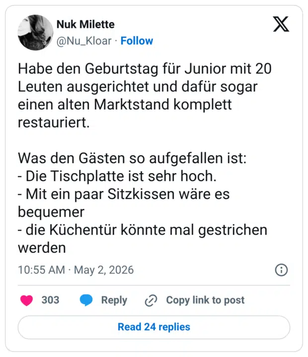 Habe den Geburtstag für Junior mit 20 Leuten ausgerichtet und dafür sogar einen alten Marktstand komplett restauriert. Was den Gästen so aufgefallen ist: - Die Tischplatte ist sehr hoch. - Mit ein paar Sitzkissen wäre es bequemer - die Küchentür könnte mal gestrichen werden
