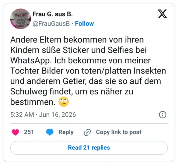 Andere Eltern bekommen von ihren Kindern süße Sticker und Selfies bei WhatsApp. Ich bekomme von meiner Tochter Bilder von toten/platten Insekten und anderem Getier, das sie so auf dem Schulweg findet, um es näher zu bestimmen.