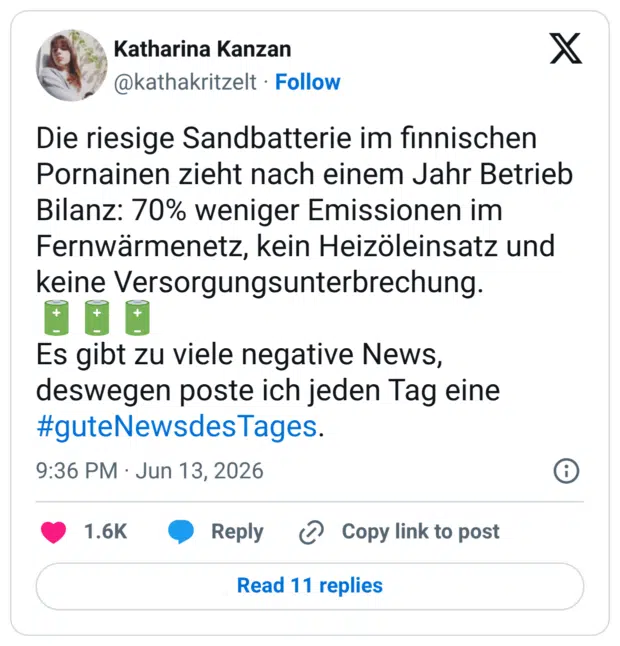 Die riesige Sandbatterie im finnischen Pornainen zieht nach einem Jahr Betrieb Bilanz: 70% weniger Emissionen im Fernwärmenetz, kein Heizöleinsatz und keine Versorgungsunterbrechung. 🔋🔋🔋 Es gibt zu viele negative News, deswegen poste ich jeden Tag eine #guteNewsdesTages.