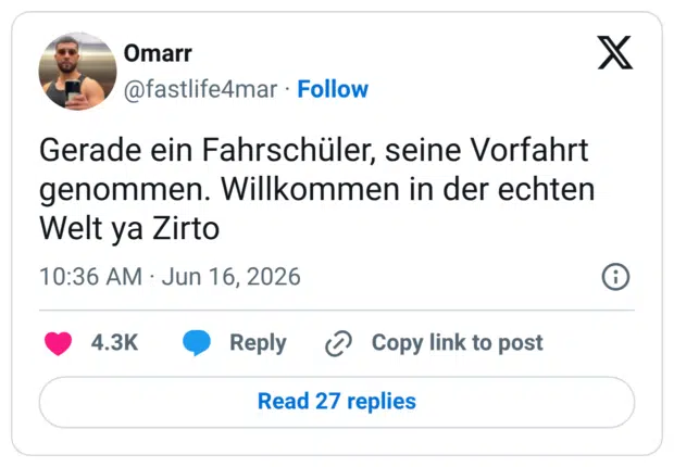 Gerade ein Fahrschüler, seine Vorfahrt genommen. Willkommen in der echten Welt ya Zirto