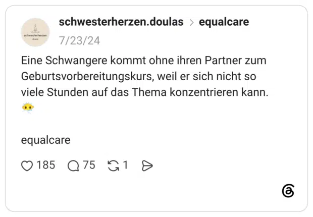 Eine Schwangere kommt ohne ihren Partner zum Geburtsvorbereitungskurs, weil er sich nicht so viele Stunden auf das Thema konzentrieren kann. equalcare