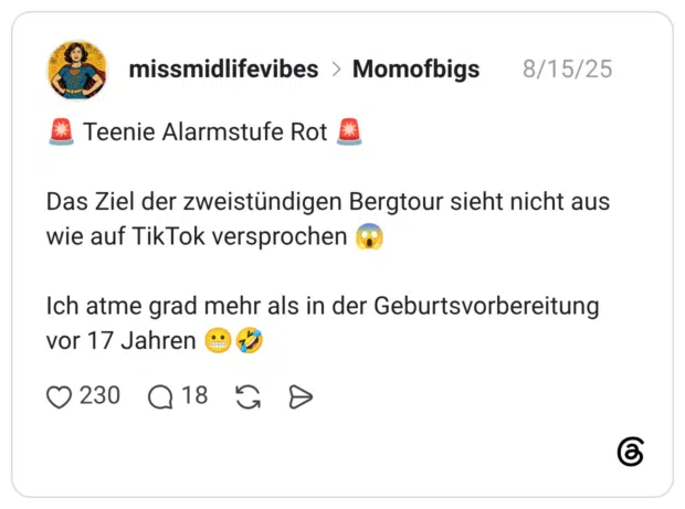 Teenie Alarmstufe Rot Das Ziel der zweistündigen Bergtour sieht nicht aus wie auf TikTok versprochen Ich atme grad mehr als in der Geburtsvorbereitung vor 17 Jahren