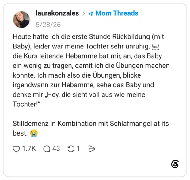 Heute hatte ich die erste Stunde Rückbildung (mit Baby), leider war meine Tochter sehr unruhig. OBJ die Kurs leitende Hebamme bat mir, an, das Baby ein wenig zu tragen, damit ich die Übungen machen konnte. Ich mach also die Übungen, blicke irgendwann zur Hebamme, sehe das Baby und denke mir „Hey, die sieht voll aus wie meine Tochter!" Stilldemenz in Kombination mit Schlafmangel at its best.
