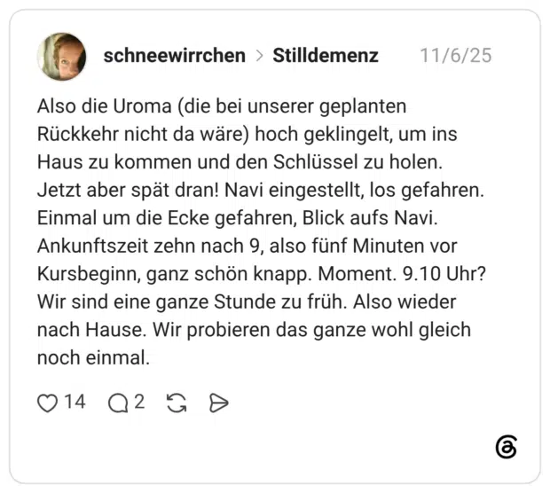 Also die Uroma (die bei unserer geplanten Rückkehr nicht da wäre) hoch geklingelt, um ins Haus zu kommen und den Schlüssel zu holen. Jetzt aber spät dran! Navi eingestellt, los gefahren. Einmal um die Ecke gefahren, Blick aufs Navi. Ankunftszeit zehn nach 9, also fünf Minuten vor Kursbeginn, ganz schön knapp. Moment. 9.10 Uhr? Wir sind eine ganze Stunde zu früh. Also wieder nach Hause. Wir probieren das ganze wohl gleich noch einmal.