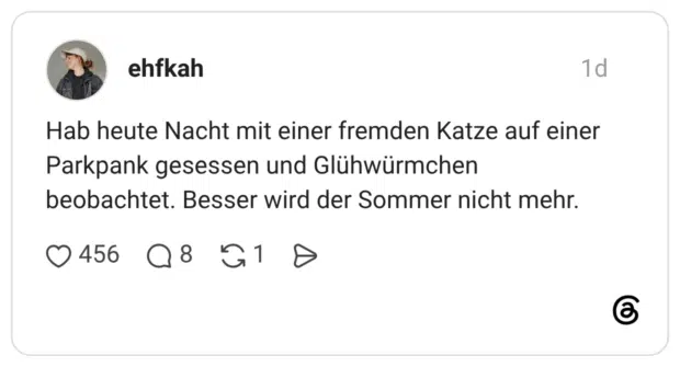 Hab heute Nacht mit einer fremden Katze auf einer Parkpank gesessen und Glühwürmchen beobachtet. Besser wird der Sommer nicht mehr.