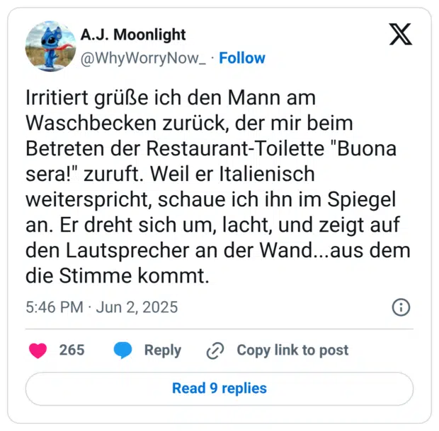 Irritiert grüße ich den Mann am Waschbecken zurück, der mir beim Betreten der Restaurant-Toilette "Buona sera!" zuruft. Weil er Italienisch weiterspricht, schaue ich ihn im Spiegel an. Er dreht sich um, lacht, und zeigt auf den Lautsprecher an der Wand...aus dem die Stimme kommt.