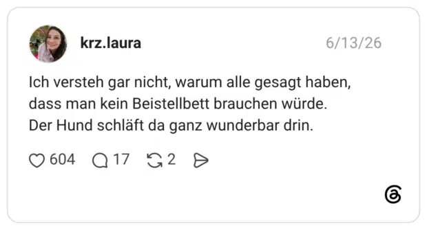 Ich versteh gar nicht, warum alle gesagt haben, dass man kein Beistellbett brauchen würde. Der Hund schläft da ganz wunderbar drin.