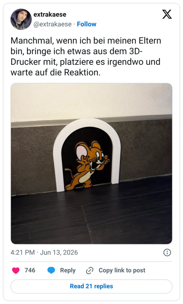 Manchmal, wenn ich bei meinen Eltern bin, bringe ich etwas aus dem 3D- Drucker mit, platziere es irgendwo und warte auf die Reaktion.