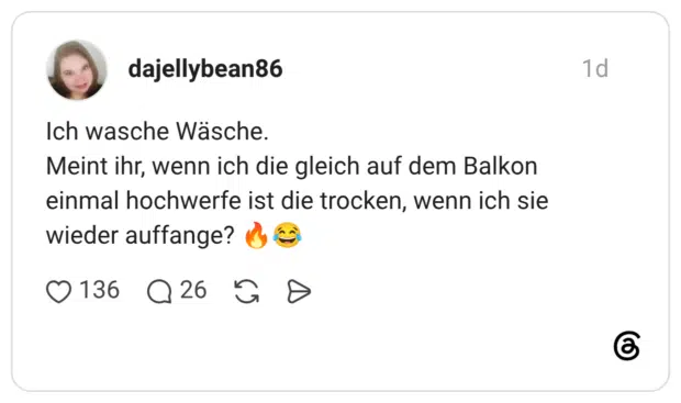 Ich wasche Wäsche. Meint ihr, wenn ich die gleich auf dem Balkon einmal hochwerfe ist die trocken, wenn ich sie wieder auffange?