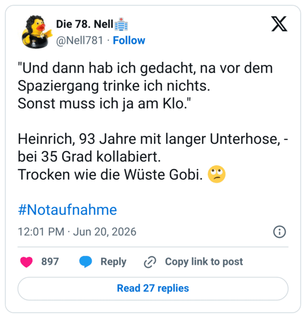 "Und dann hab ich gedacht, na vor dem Spaziergang trinke ich nichts. Sonst muss ich ja am Klo." Heinrich, 93 Jahre mit langer Unterhose, - bei 35 Grad kollabiert. Trocken wie die Wüste Gobi.