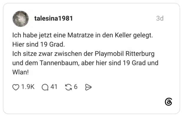 Ich habe jetzt eine Matratze in den Keller gelegt. Hier sind 19 Grad. Ich sitze zwar zwischen der Playmobil Ritterburg und dem Tannenbaum, aber hier sind 19 Grad und Wlan!