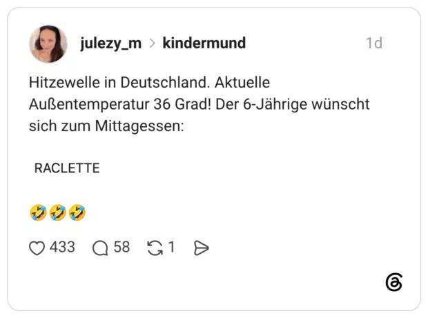 Hitzewelle in Deutschland. Aktuelle Außentemperatur 36 Grad! Der 6-Jährige wünscht sich zum Mittagessen: RACLETTE
