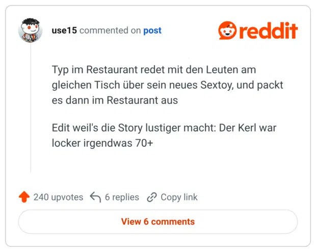 Typ im Restaurant redet mit den Leuten am gleichen Tisch über sein neues Sextoy, und packt es dann im Restaurant aus Edit weil's die Story lustiger macht: Der Kerl war locker irgendwas 70+