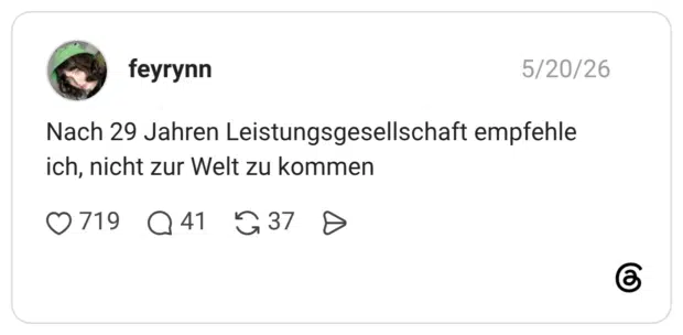 Nach 29 Jahren Leistungsgesellschaft empfehle ich, nicht zur Welt zu kommen