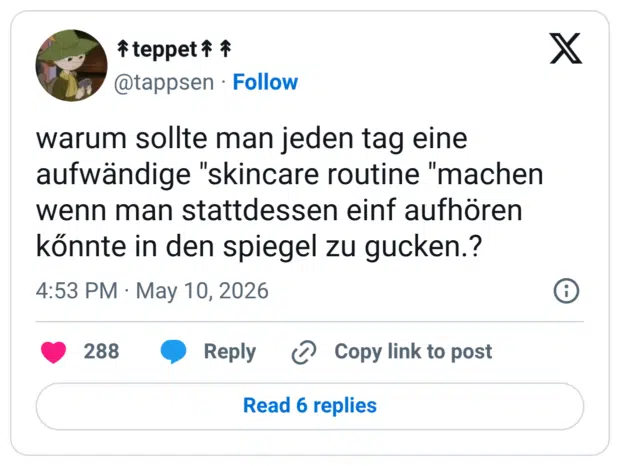 warum sollte man jeden tag eine aufwändige "skincare routine "machen wenn man stattdessen einf aufhören könnte in den spiegel zu gucken.?