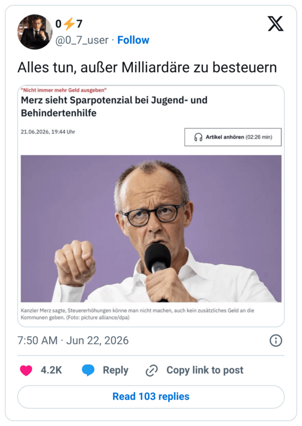 Alles tun, außer Milliardäre zu besteuern "Nicht immer mehr Geld ausgeben" Merz sieht Sparpotenzial bei Jugend- und Behindertenhilfe