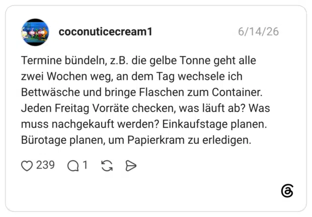 Termine bündeln, z.B. die gelbe Tonne geht alle zwei Wochen weg, an dem Tag wechsele ich Bettwäsche und bringe Flaschen zum Container. Jeden Freitag Vorräte checken, was läuft ab? Was muss nachgekauft werden? Einkaufstage planen. Bürotage planen, um Papierkram zu erledigen.