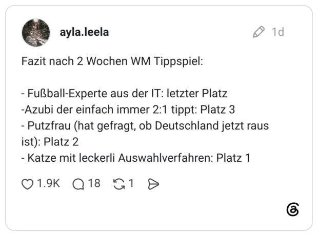 - Fußball-Experte aus der IT: letzter Platz -Azubi der einfach immer 2:1 tippt: Platz 3 - Putzfrau (hat gefragt, ob Deutschland jetzt raus ist): Platz 2 - Katze mit leckerli Auswahlverfahren: Platz 1