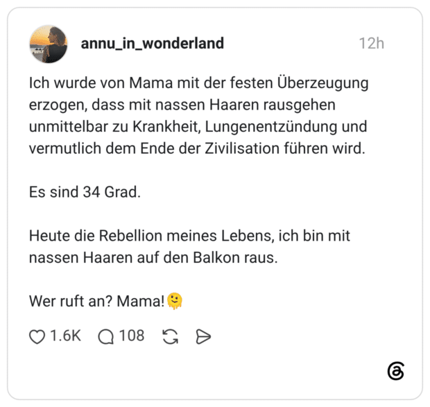 Ich wurde von Mama mit der festen Überzeugung erzogen, dass mit nassen Haaren rausgehen unmittelbar zu Krankheit, Lungenentzündung und vermutlich dem Ende der Zivilisation führen wird. Es sind 34 Grad. Heute die Rebellion meines Lebens, ich bin mit nassen Haaren auf den Balkon raus. Wer ruft an? Mama!🫠