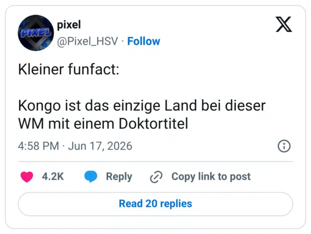 Kleiner funfact: Kongo ist das einzige Land bei dieser WM mit einem Doktortite