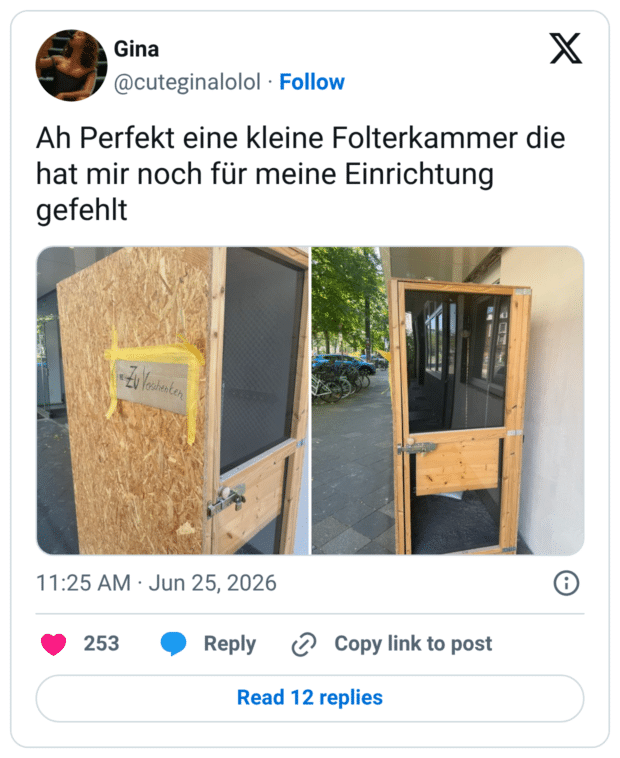 Ah Perfekt eine kleine Folterkammer die hat mir noch für meine Einrichtung gefehlt