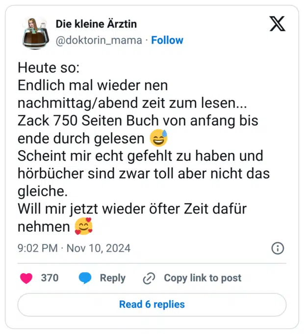 Heute so: Endlich mal wieder nen nachmittag/abend zeit zum lesen... Zack 750 Seiten Buch von anfang bis ende durch gelesen Scheint mir echt gefehlt zu haben und hörbücher sind zwar toll aber nicht das gleiche. Will mir jetzt wieder öfter Zeit dafür nehmen