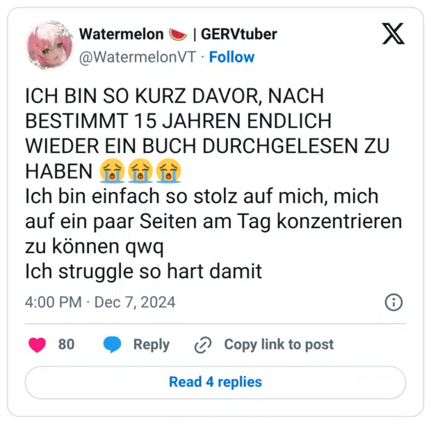 ICH BIN SO KURZ DAVOR, NACH BESTIMMT 15 JAHREN ENDLICH WIEDER EIN BUCH DURCHGELESEN ZU HABEN Ich bin einfach so stolz auf mich, mich auf ein paar Seiten am Tag konzentrieren zu können qwq Ich struggle so hart damit