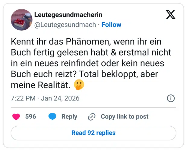 Kennt ihr das Phänomen, wenn ihr ein Buch fertig gelesen habt & erstmal nicht in ein neues reinfindet oder kein neues Buch euch reizt? Total bekloppt, aber meine Realität.