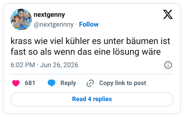 krass wie viel kühler es unter bäumen ist fast so als wenn das eine lösung wäre
