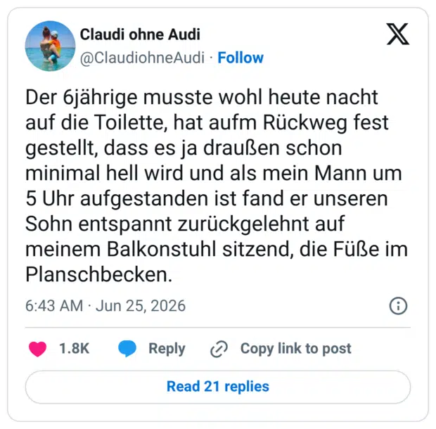 Der 6jährige musste wohl heute nacht auf die Toilette, hat aufm Rückweg fest gestellt, dass es ja draußen schon minimal hell wird und als mein Mann um 5 Uhr aufgestanden ist fand er unseren Sohn entspannt zurückgelehnt auf meinem Balkonstuhl sitzend, die Füße im Planschbecken