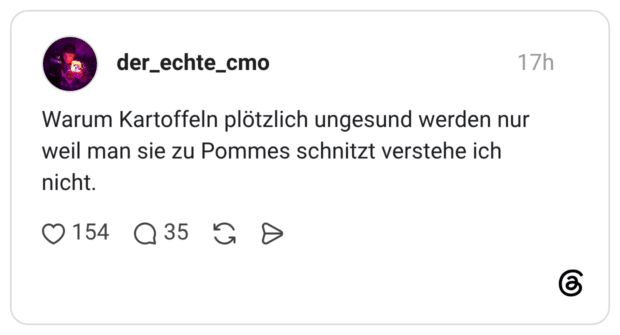 Warum Kartoffeln plötzlich ungesund werden nur weil man sie zu Pommes schnitzt verstehe ich nicht.