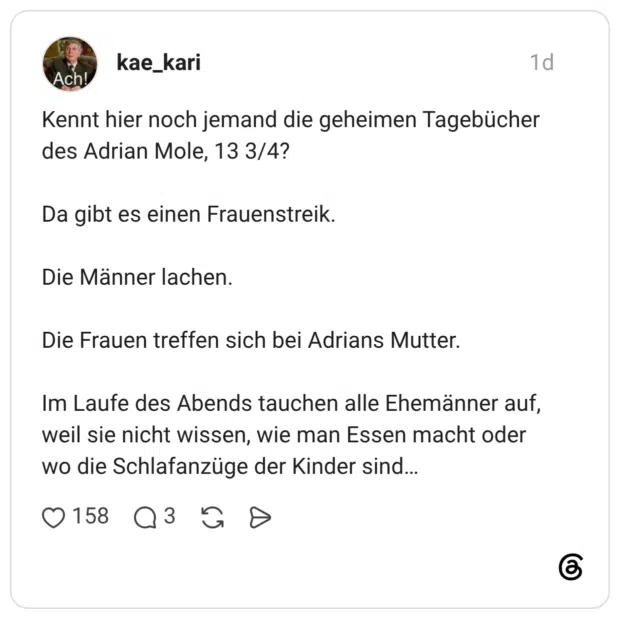 Kennt hier noch jemand die geheimen Tagebücher des Adrian Mole, 13 3/4? Da gibt es einen Frauenstreik. Die Männer lachen. Die Frauen treffen sich bei Adrians Mutter. Im Laufe des Abends tauchen alle Ehemänner auf, weil sie nicht wissen, wie man Essen macht oder wo die Schlafanzüge der Kinder sind...