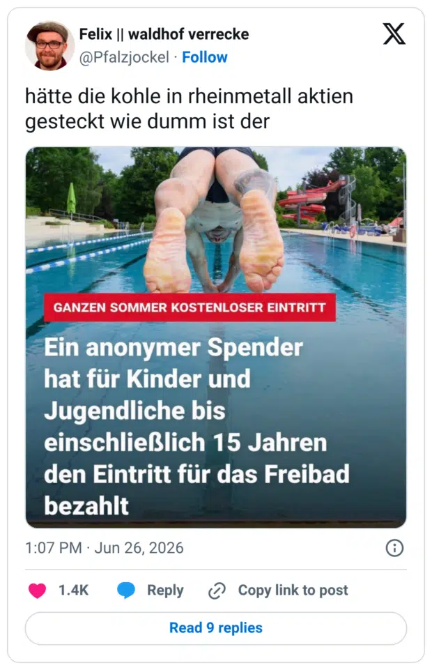 hätte die kohle in rheinmetall aktien gesteckt wie dumm ist der