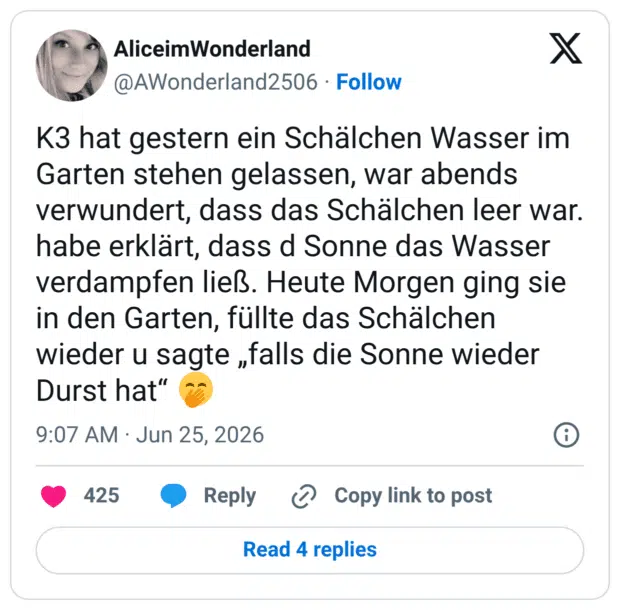 K3 hat gestern ein Schälchen Wasser im Garten stehen gelassen, war abends verwundert, dass das Schälchen leer war. habe erklärt, dass d Sonne das Wasser verdampfen ließ. Heute Morgen ging sie in den Garten, füllte das Schälchen wieder u sagte „falls die Sonne wieder Durst hat“ 🤭