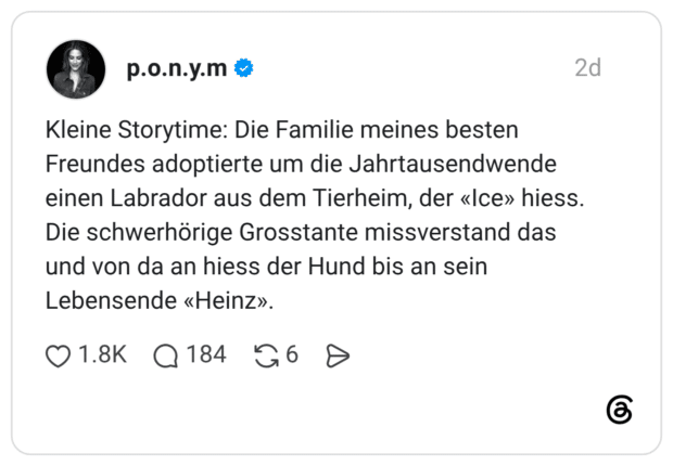 Kleine Storytime: Die Familie meines besten Freundes adoptierte um die Jahrtausendwende einen Labrador aus dem Tierheim, der «Ice» hiess. Die schwerhörige Grosstante missverstand das und von da an hiess der Hund bis an sein Lebensende «Heinz».