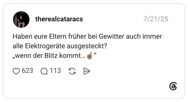 Haben eure Eltern früher bei Gewitter auch immer alle Elektrogeräte ausgesteckt? „wenn der Blitz kommt…☝🏽“